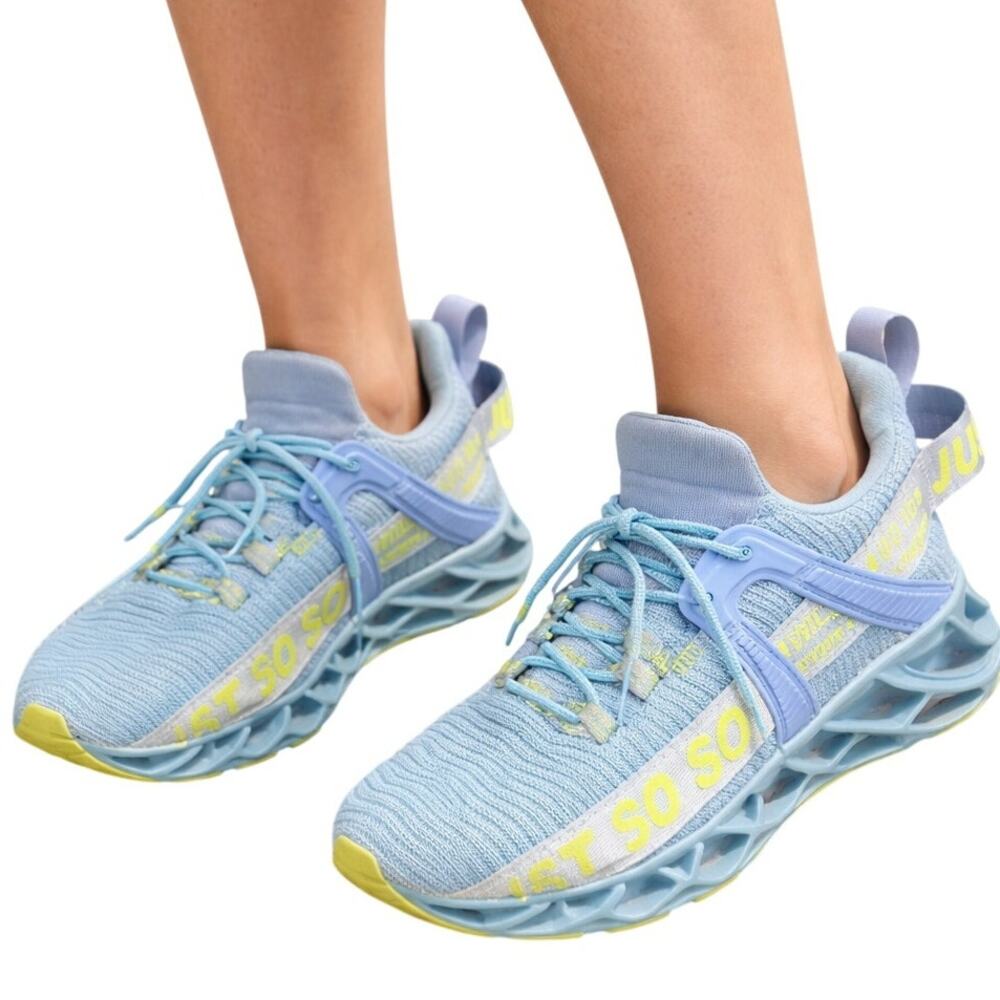 Running Tennis Shoes Sneakers Mens 8 Womens 10 Blue and Yellow Neon Athletic